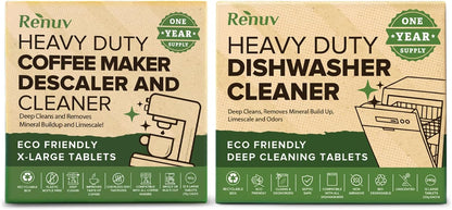 Renuv® Heavy Duty Dishwasher Cleaner & Deodorizer Tablets, Descaler, Deep Cleaning, Natural Odor & Smell Remover, Calcium, Limescale, Hard Water Marks, Grease, Septic Safe Pods (12 Tabs 1 Yr Supply)