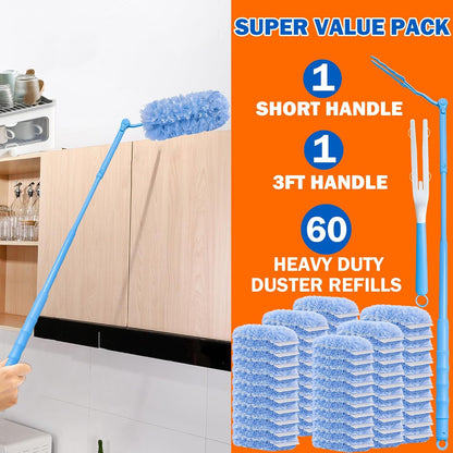 60 Heavy Duty Duster Refills for Swiffer Duster, 3 ft Extendable Handle, 1 Short Handle, Multisurface 360 Dusters kit for Dusting Furniture, Ceiling Fans, Blinds, Blue
