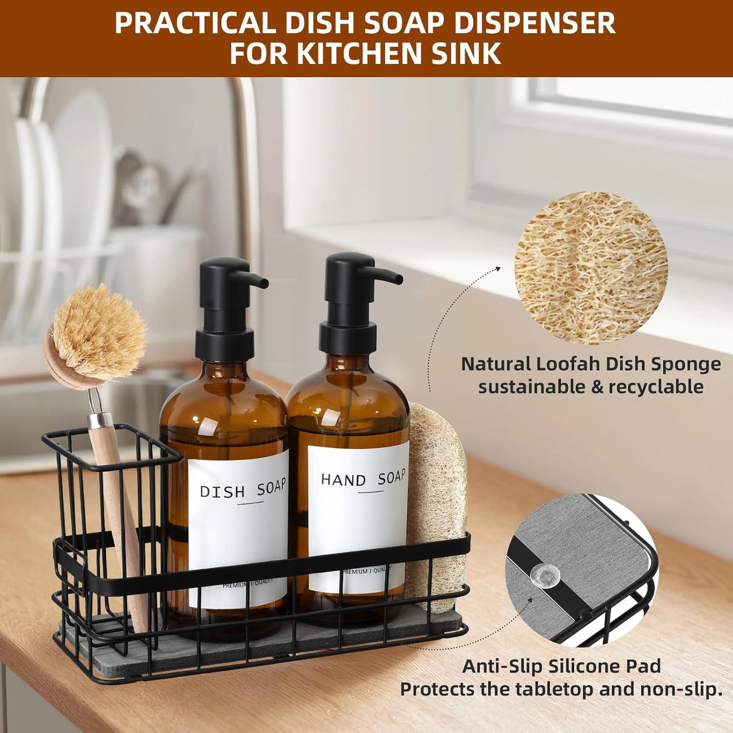 Dish Soap Dispenser for Kitchen, 16.9 fl oz Amber Hand and Dish Soap Dispensers, Kitchen Soap Dispenser Set with Sponge Holder, Brush Holder and Loofah Sponge, Countertop Sink Organizer Accessories