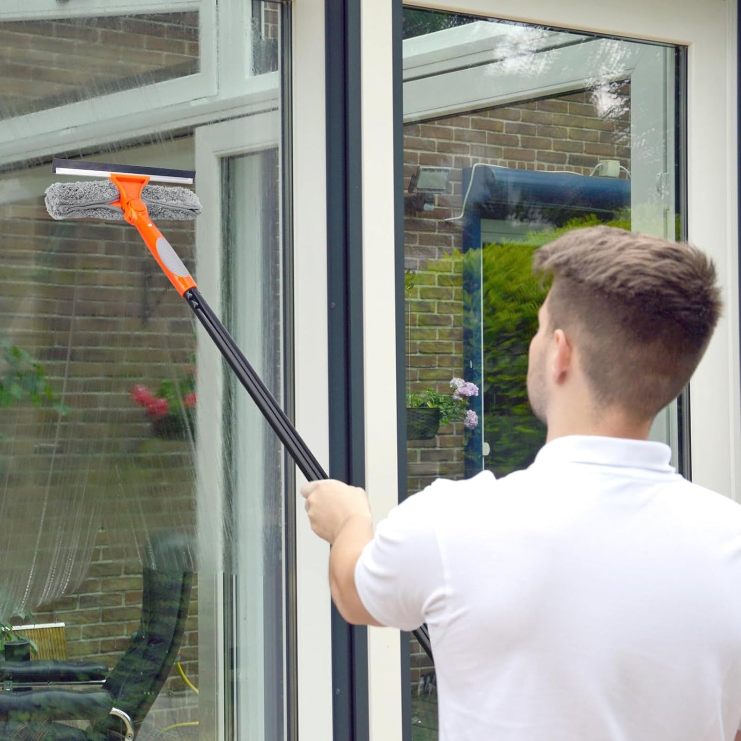 Floor Squeegee for Concrete and Tile Cleaning, 24'' Rubber Wiper Broom, Large Heavy Duty Water Scraper with 60'' Long Handle for Garage, Deck, Bathroom, Shower Glass, Window