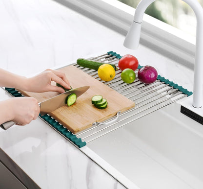 Tomorotec 17.7" x 15.5" Roll Up Dish Drying Rack Over Sink Drying Rack Sink Cover Kitchen Sink Accessories Gadget Multipurpose Organizer Foldable Stainless Steel Drainer (Grey)