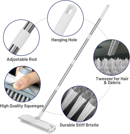 Floor Scrub Brush with Long Handle: 3 in 1 Heavy-Duty Floor Scrubber Brush with Squeegee for Cleaning Tile Bathroom Deck Kitchen Patio - Blue