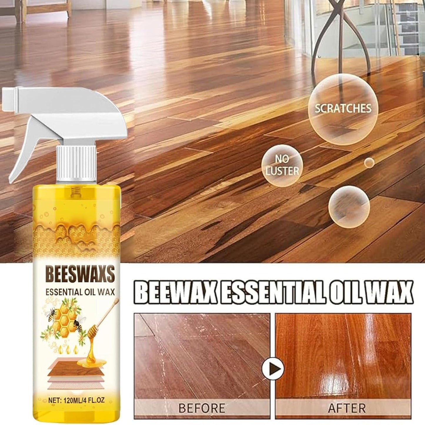 Beeswax Wood Polish Spray, Beeswax Essential Oil Wax, Bees Wax Furniture Polish and Cleaner, Furniture Beeswaxs Cleaner Spray for Wood Furniture,Floor,Tables,Cabinets (2PCS)