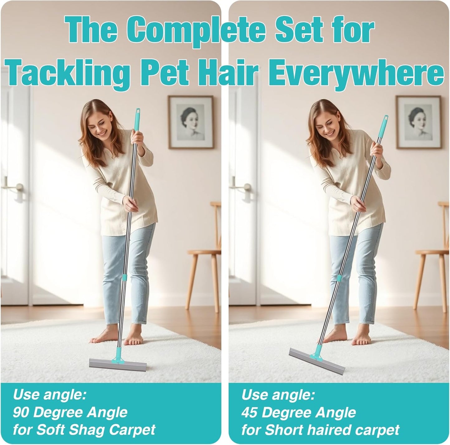 Double-Sided Pet Hair Removal Tool,Adjustable Height Carpet Pet Hair Removal Silicone Broom,Dog Cat Hair Remover Broom for Carpets, Floor Mats,Couch,Floor Squeegee (Blue Carpet Rake)