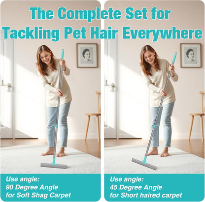 Double-Sided Pet Hair Removal Tool,Adjustable Height Carpet Pet Hair Removal Silicone Broom,Dog Cat Hair Remover Broom for Carpets, Floor Mats,Couch,Floor Squeegee (Blue Carpet Rake)