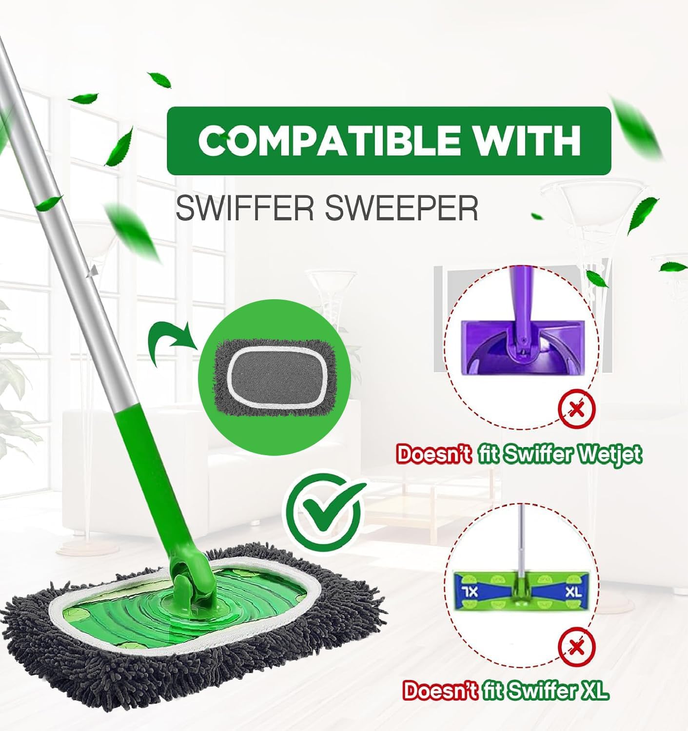 Reusable Microfiber Mop Pads Washable Wet Pads Compatible with Swiffer Sweeper Refills Pads for Wet & Dry Sweeping Cloths Mop Head Replacement for Household Cleaning (Green 4PCS)