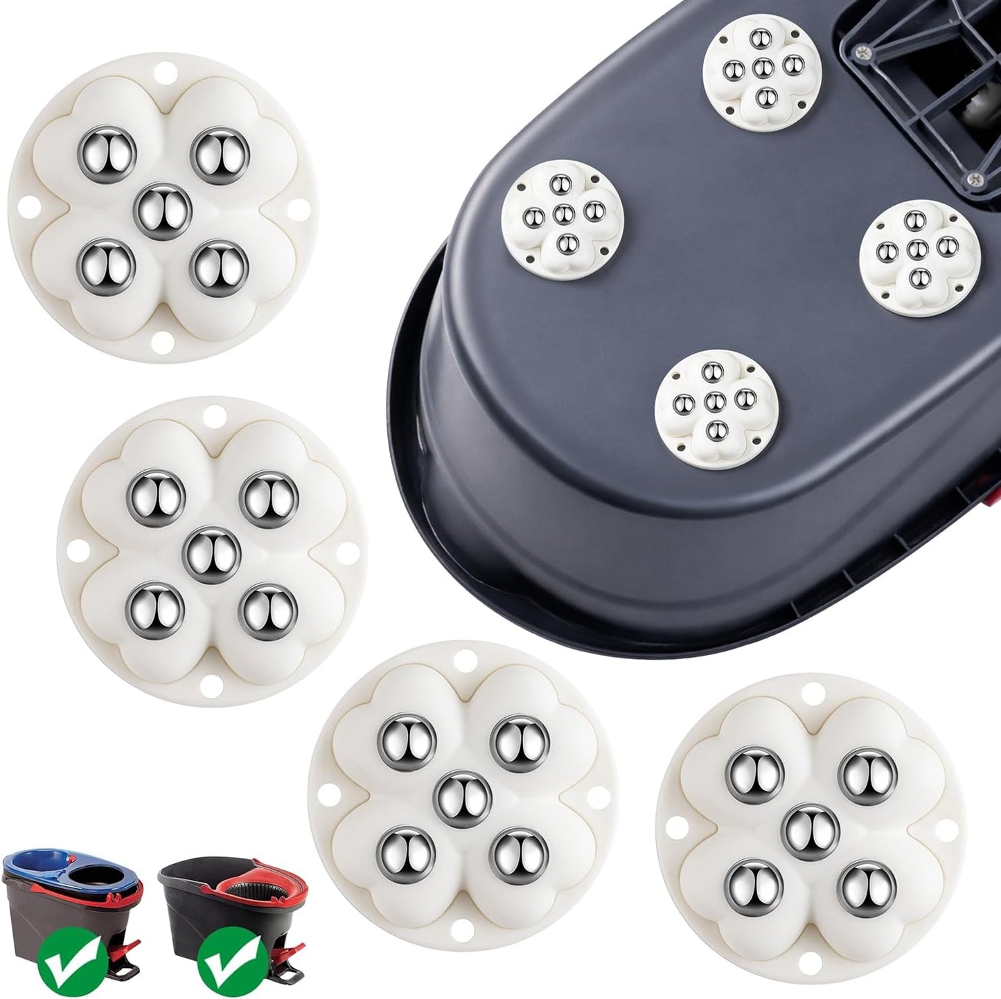 4 PCS Caster Wheels,360° Rollers Compatible with Ocedar Mop Bucket Stainless Steel,Self Adhesive Rollers for Mop Bucket,Kitchen Small Appliances,Trash Can,White