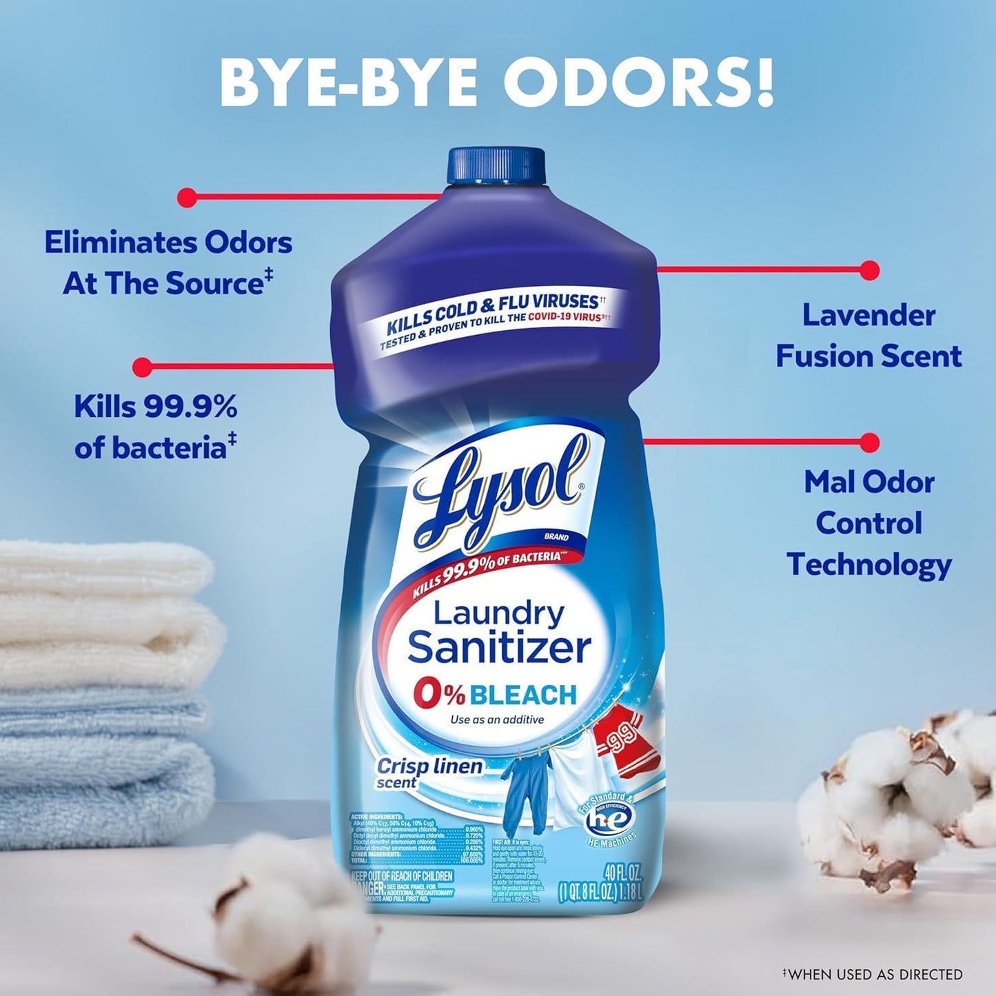 Lysol Disinfectant Laundry Sanitizer & Scent Booster, Laundry Detergent Additive, Color Safe Bleach Alternative, Laundry Odor Eliminator, Kills Bacteria & Viruses, Lavender Scent, 90 Fl Oz