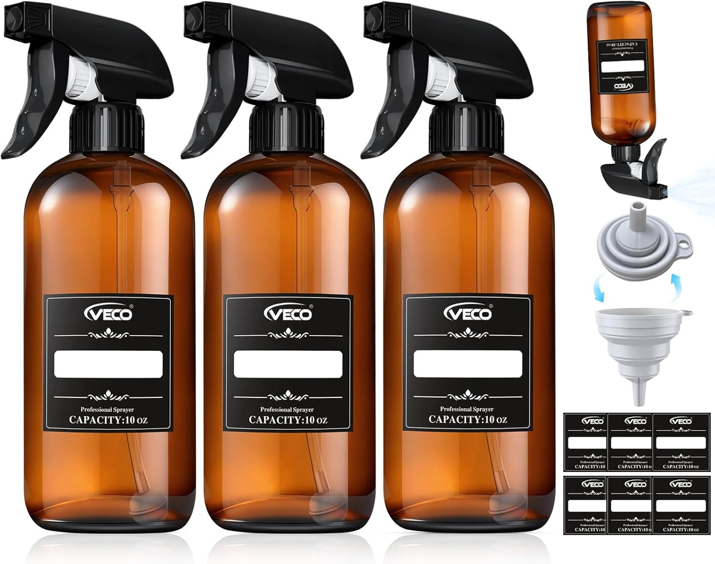 Veco 500mL (17oz) Graduated Spray Bottles, 4-Pack — 360° Any-Angle Spraying for Easy Dilution, Leak-Resistant spray bottles for Cleaning, Plants, Hair & Pet Use + Foldable Funnel