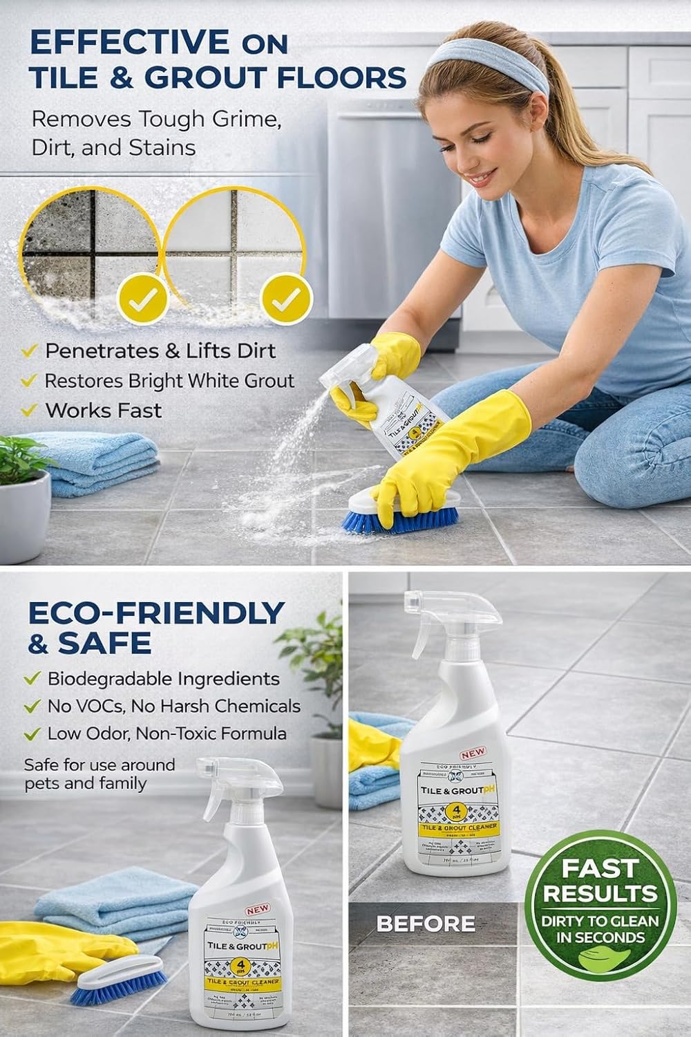 Tile & Grout pH – Eco-Friendly Acidic Tile & Grout Cleaner (pH 4) – Removes Hard Water, Soap Scum & Grime – No VOCs, Biodegradable, 25 fl oz