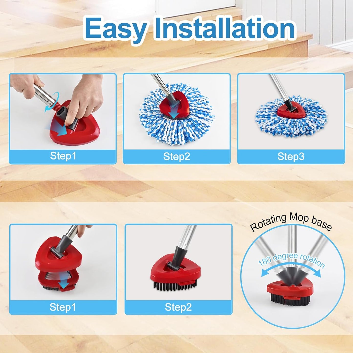 Spin Mop Handle, Mop Replacement Head,Brush,Base Compatible with OCedar EasyWring 1 Tank,2 Microfiber Mop Refills,1 Mop Base,1 Brush and 30-58" Mop Handle Combo Set for OCeda,Use for Floor Cleaning