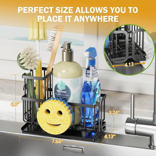 Sponge Holder for Kitchen Sink with Suction Cups & Adhesive Hook, Rustproof In-Sink Sponge Holder, Space-Saving Wall Hanging Sink Caddy Organizer Rack - Sponge, Dish Cloth, Brush - Stainless Steel