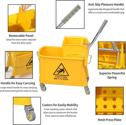 Mop Bucket with Wringer, 22 Qt (5.5 Gallon), Floor Cleaning, Handle, Wheels, 16.5" L x 10.6" W x 26.4" H, Yellow,Plus One Cotton Mop
