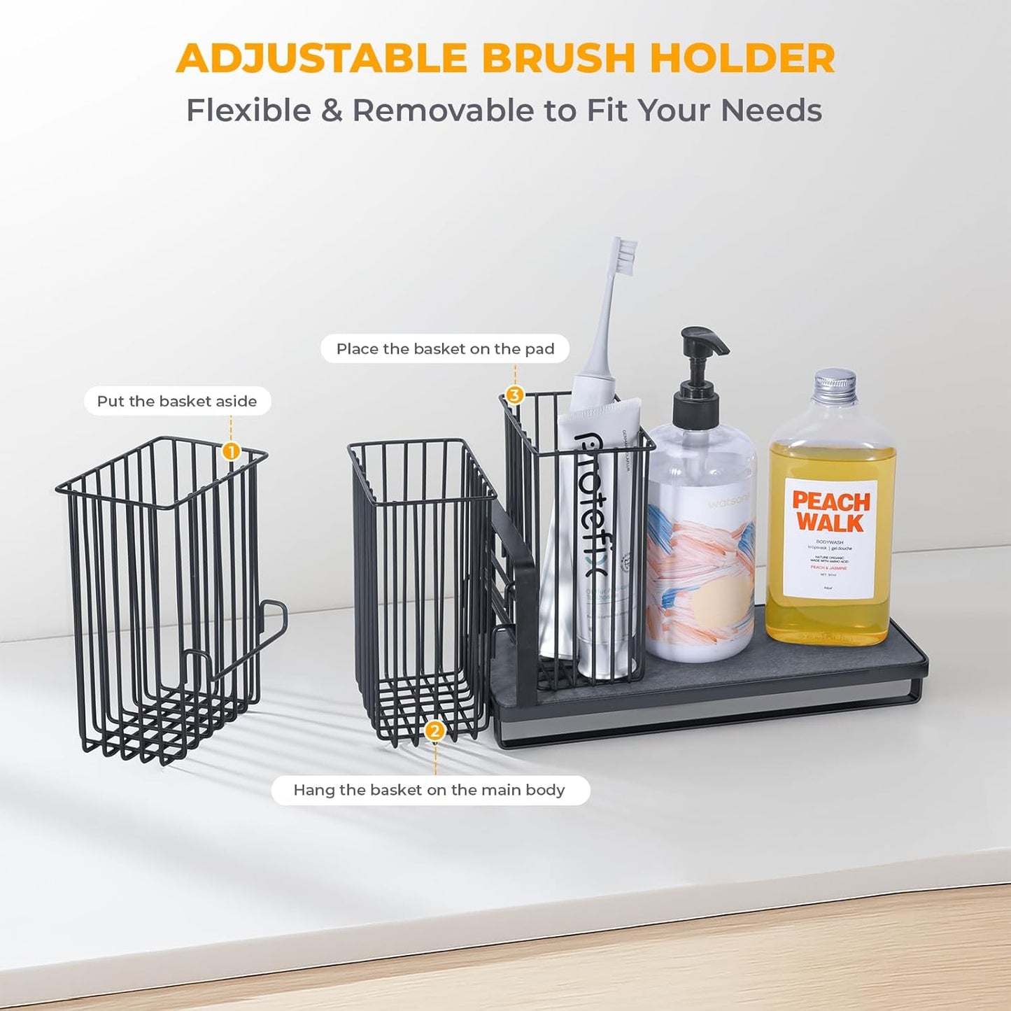 KONE Kitchen Sink Caddy: Sponge Holder for Kitchen Sink Counter with Instant Drying Stone and High Brush Holder, Rustproof Stainless Steel Sponge Holder for Sponges, Scrubbers, Soap (Black)