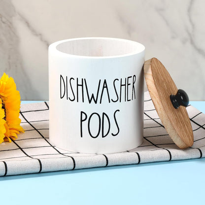 Round Dishwasher Pods Container, Wood Dishwasher Pod Holder with Lid for Kitchen Decor, Laundry Pod Container for Laundry Detergent Storage (Black)