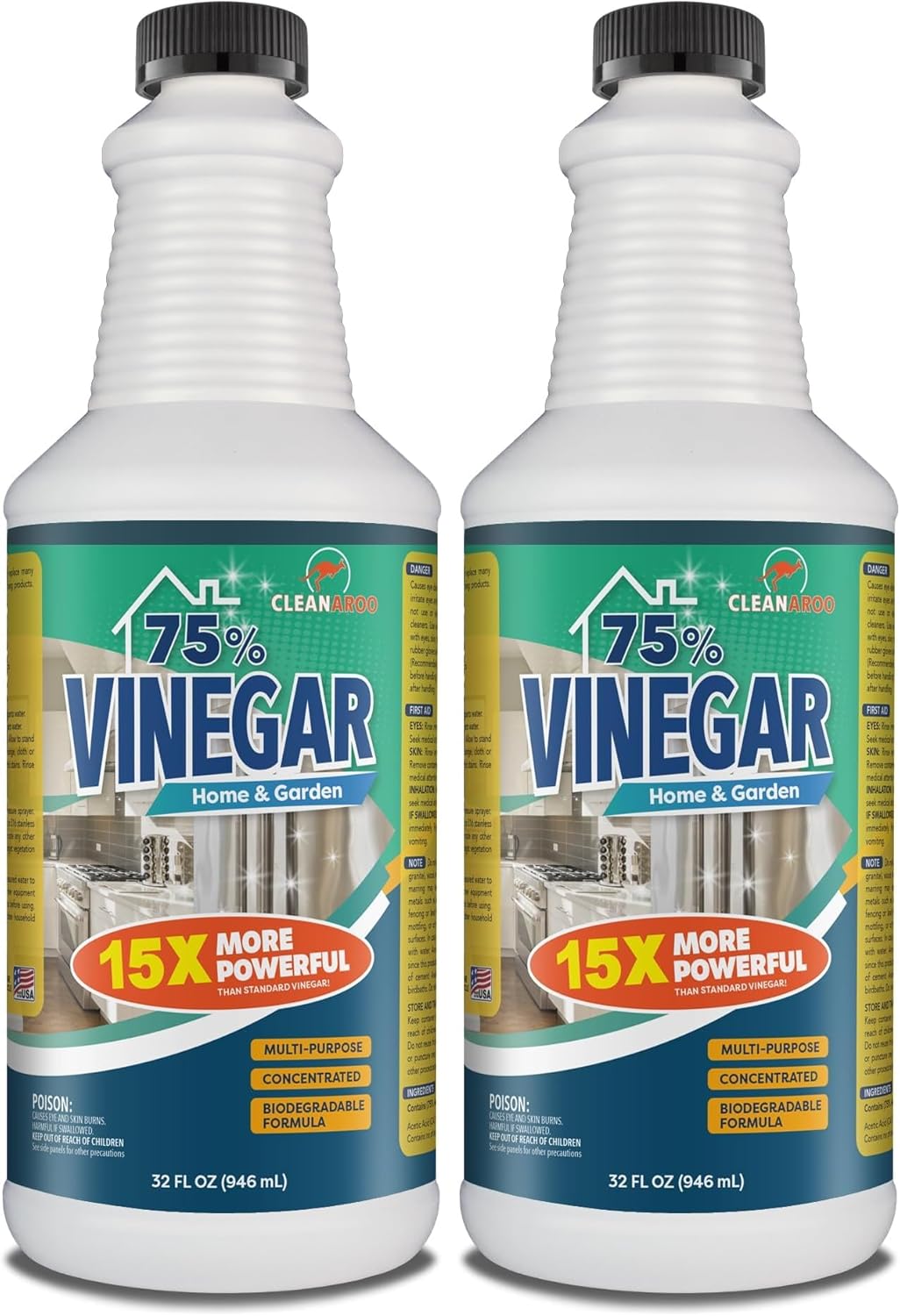 75 Percent Concentration Vinegar, All-Natural Multipurpose General Cleaner, 32 Fl Oz