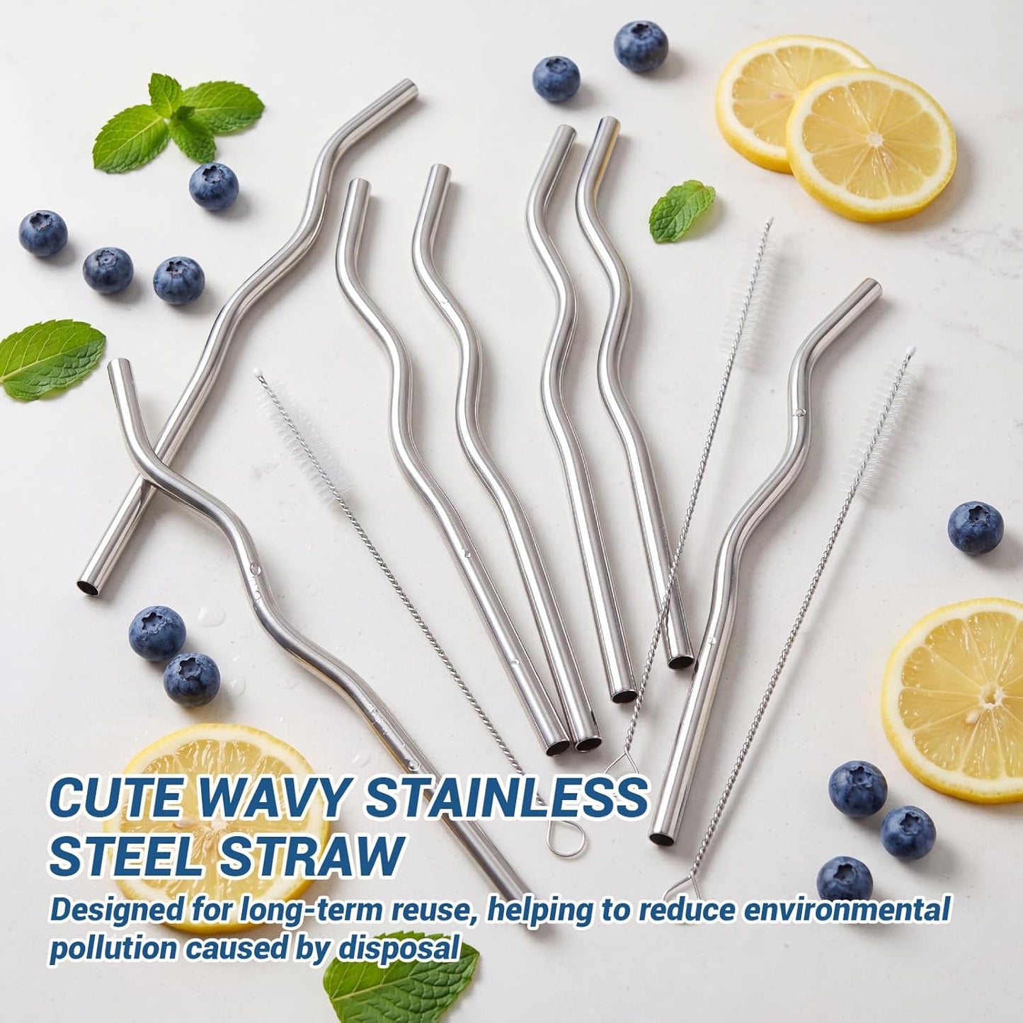 8 Pack Reusable Metal Straws Set, 9.25” x 8 mm Wavy Metal Straws Reusable Stainless Steel Straws with 2 Cleaning Brush, Metal Drinking Straw for Cocktail Coffee Beverage (Silver)