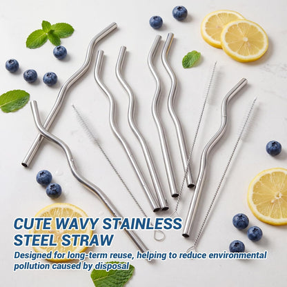 8 Pack Reusable Metal Straws Set, 9.25” x 8 mm Wavy Metal Straws Reusable Stainless Steel Straws with 2 Cleaning Brush, Metal Drinking Straw for Cocktail Coffee Beverage (Silver)