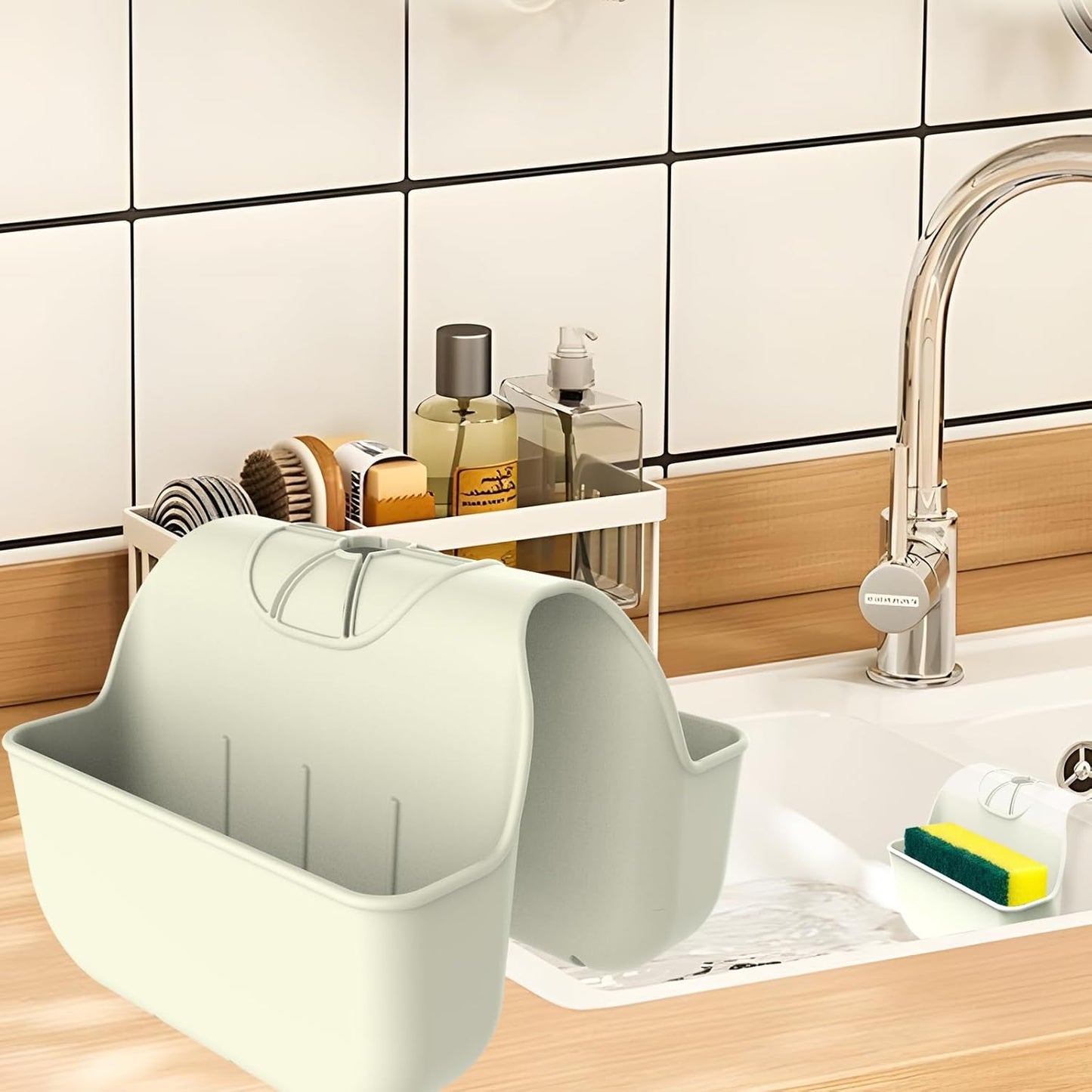 Sponge Holder for Kitchen Sink, Silicone Sink Saddle Caddy Organizer Rack, Sponges Holder Over Faucet, Hanging Kitchen Organizer Accessories Rack Basket - Dark Gray