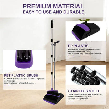 Broom and Dustpan Set, Upright Purple Broom with Dustpan Combo Set 51" Long Handle, Self Cleaning Dust Pan for Home, Kitchen and Office