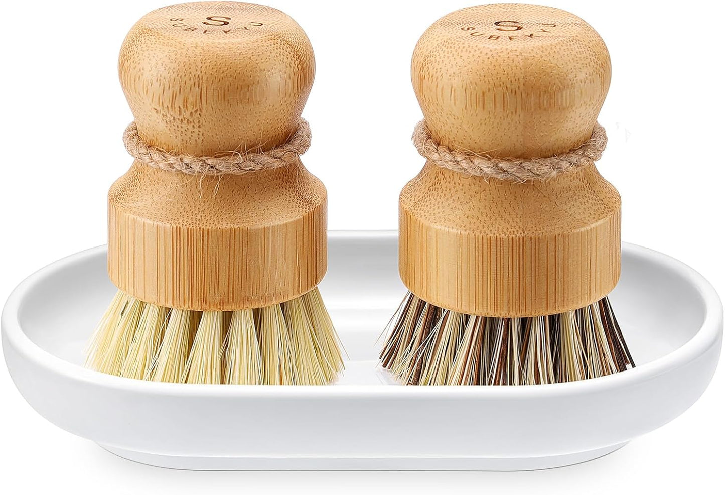 SUBEKYU Bamboo Dish Scrub Brush for Kitchen Sink, Natural Wooden Washing Dish Brush Scrubber with Sisal Bristles for Household Cleaning, Cast Iron Pots, Pans and Vegetables