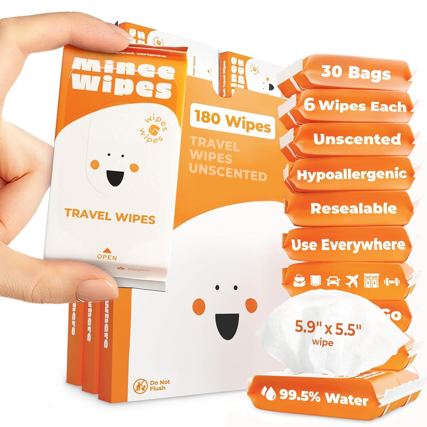 Impossibly Compact Travel Wipes - 99.5% Water - Safe for Sensitive Skin & Hypoallergenic, Resealable, Thick & Durable - For Adults, Kids & Baby Care - Unscented, 10 Pack Total 60 Wipes