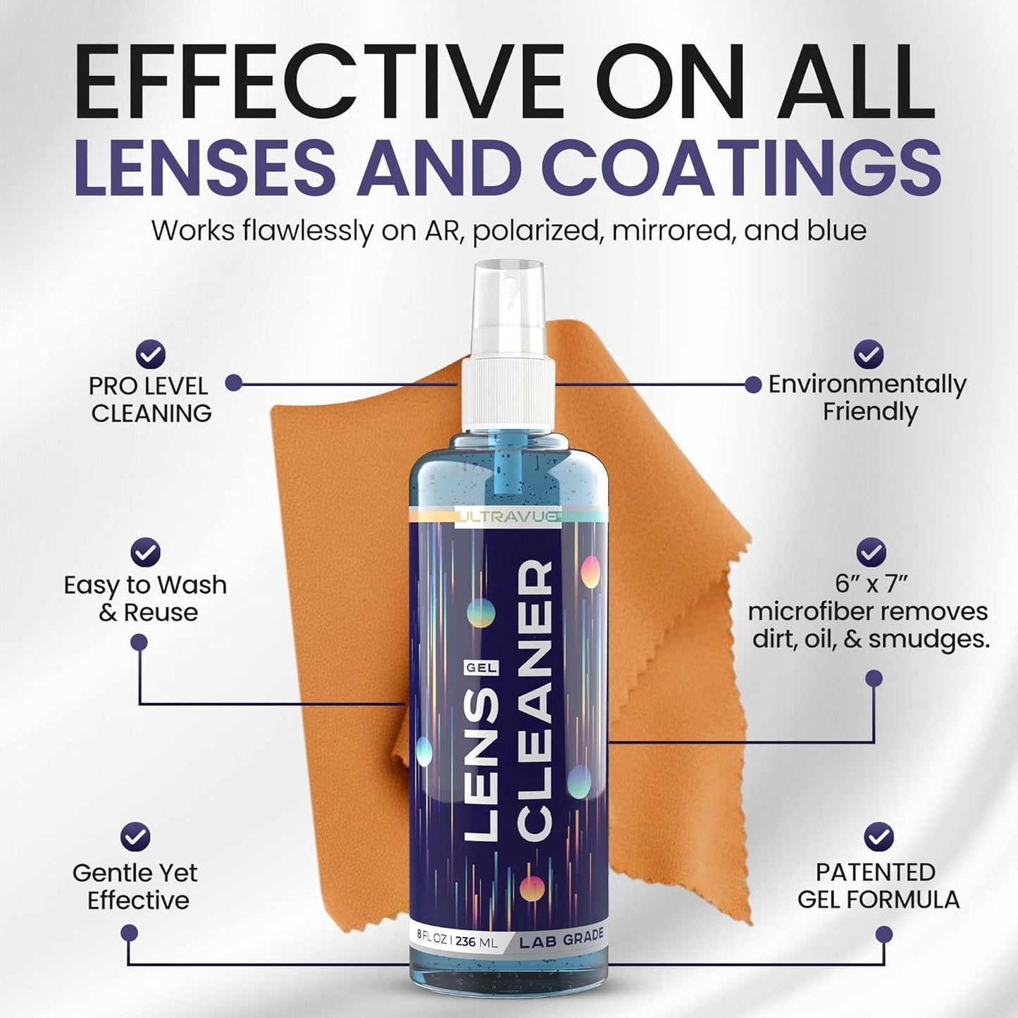 Eyeglass Gel Lens Cleaner Spray Kit - 3 x 2oz Gel Eyeglasses Cleaner Spray Bottle + 2 Microfiber Cloth for Cleaning - Safe for All Lenses (AR Coated Included), Eyeglasses and Screens