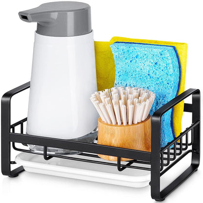 HULISEN Large Sponge Holder, 304 Stainless Steel Kitchen Soap Dispenser Caddy Organizer, Countertop Soap Dish Rack Drainer with Removable Drain Tray, not Including Dispenser and Brush, Silver