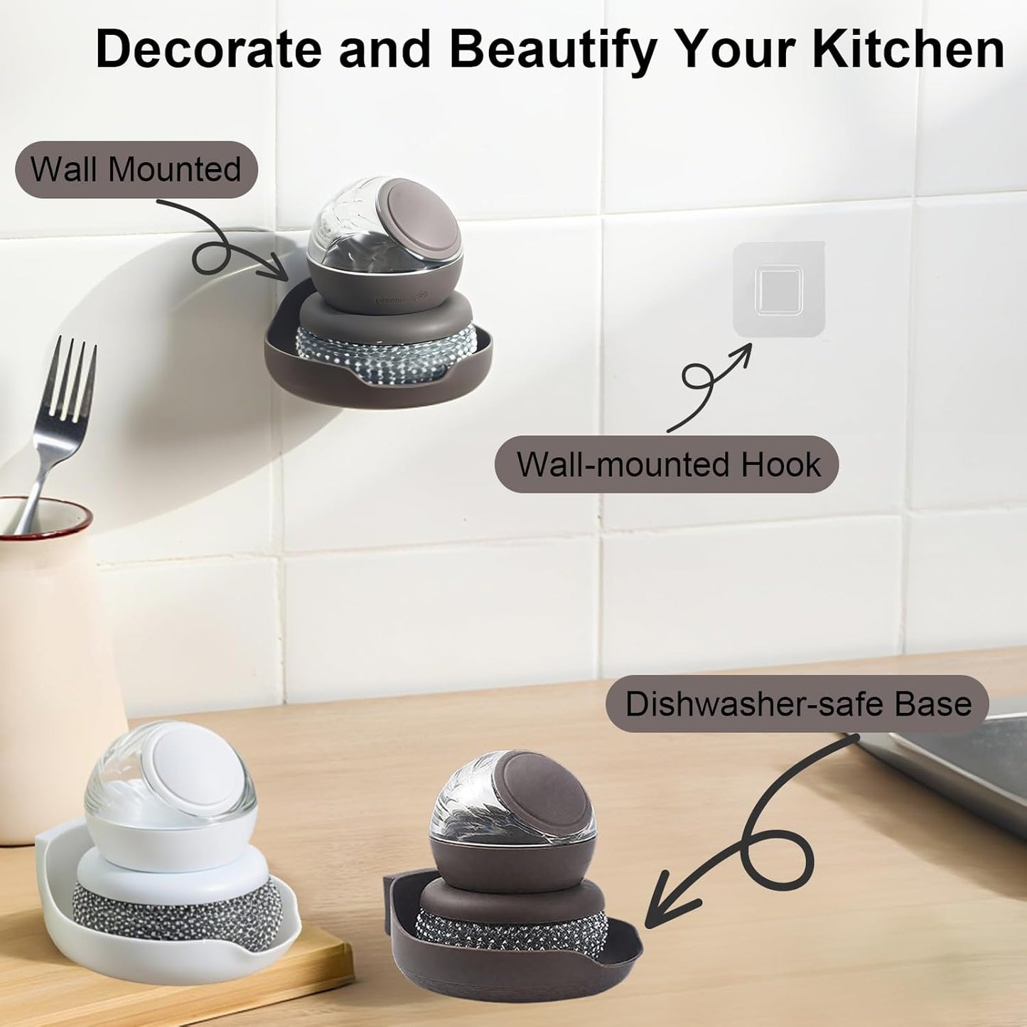Dish Brush with Soap Dispenser, Steel Wool Scrubber with Replaceable Steel Wool, Pan Scraper and PET Scouring Pad, Wire Brush for Cleaning Cast Iron, Grill Pans, Stock Pots, Grills, Sinks (White)