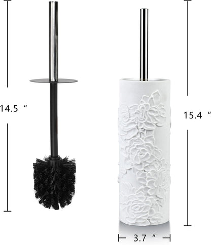 White Floral Branches Design Resin Toilet Bowl Brush and Holder Set, Elegant Bathroom Cleaning Tool with Durable Bristles, Compact and Functional