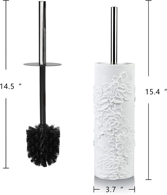 White Floral Branches Design Resin Toilet Bowl Brush and Holder Set, Elegant Bathroom Cleaning Tool with Durable Bristles, Compact and Functional