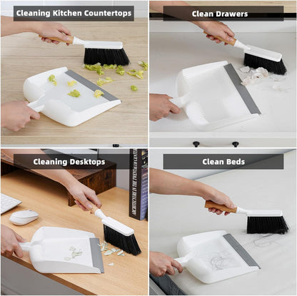 SUBEKYU Dustpan and Brush Set with Bamboo Handle, Hand Mini Broom and Dustpan Set, Small Broom and Dustpan Set for Kitchen/Desktops/Bedroom, White, 1 Set