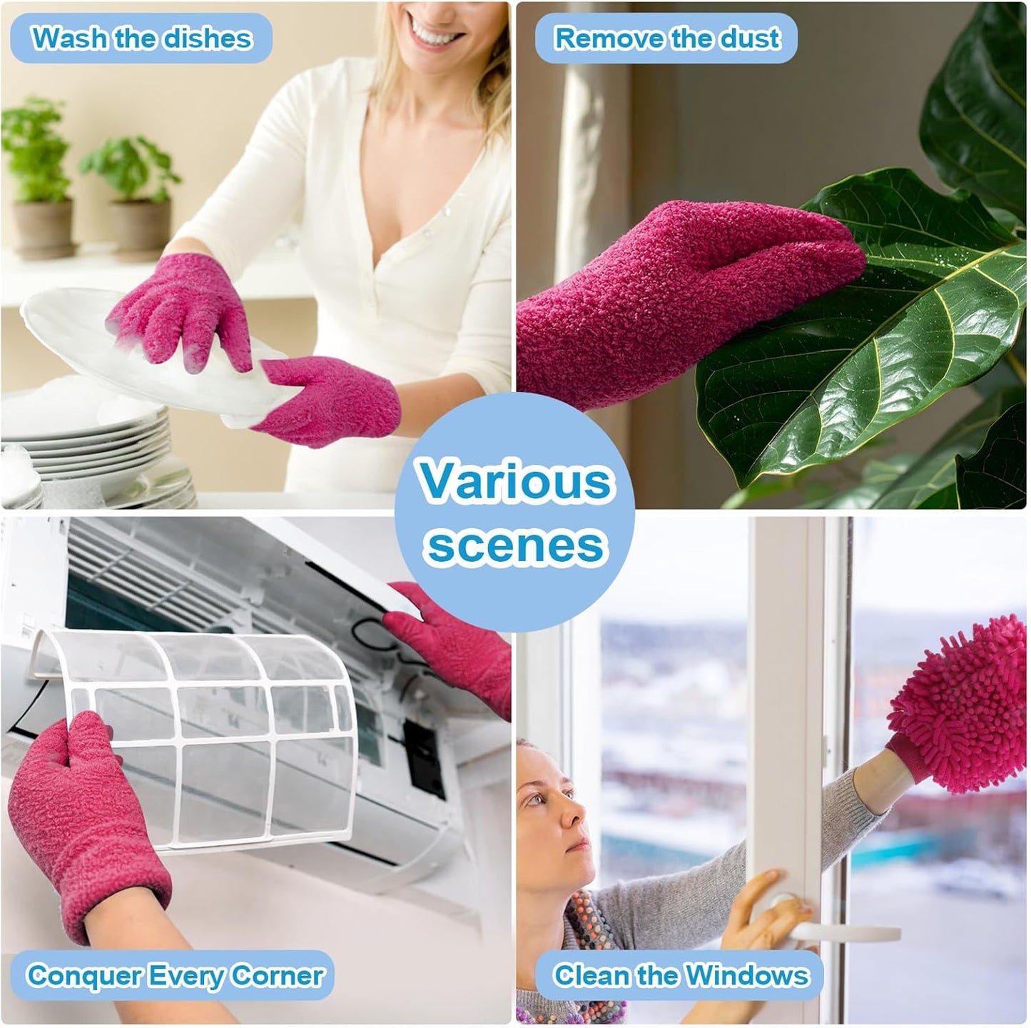 3 Pcs Microfiber Dusting Mitt Gloves Microfiber Plant Cleaning Gloves for Leaf Cleaning Plant Blinds Furniture House (Deep Pink)
