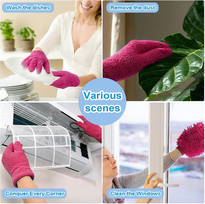 3 Pcs Microfiber Dusting Mitt Gloves Microfiber Plant Cleaning Gloves for Leaf Cleaning Plant Blinds Furniture House (Deep Pink)