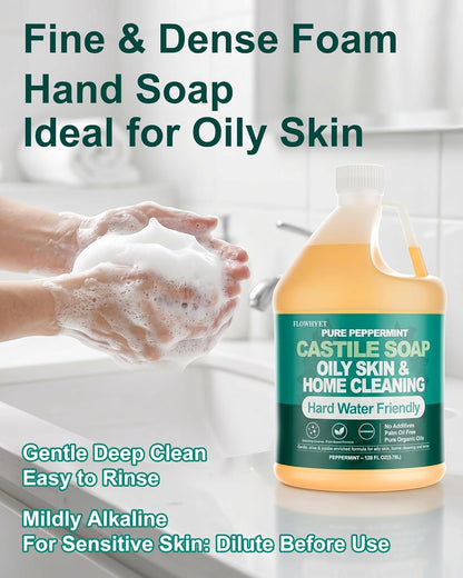 EWG Verified 1Gallon Pure Castile Soap Liquid, Organic Hand Soap Refill, Natural For Hand, Body Wash, Dishes, Home Cleaning Oily Skin, Fragrance Free Hard Water Friendly - Unscented 1Gallon