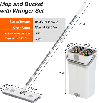 Mop and Bucket Set, Flat Mop and Bucket System, Mop Bucket with Wringer, Wall Mop with Adjustable Handle (Max 61 Inches), 5 Washable Microfiber Mop Pads