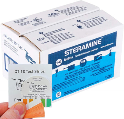1 Bottle Steramine Sanitizer Tablets w/15x QT-10 Test Strips - Multi Purpose Steramine Sanitizing Tablets for Food Contact Surface, Kitchen, Restaurant, Food Service by FryOilSaver (150 Count)