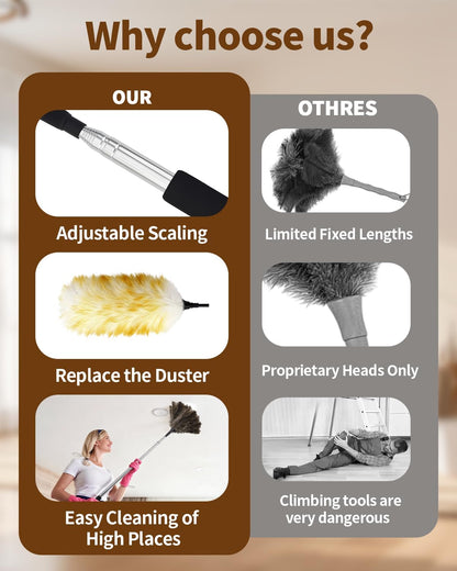 Extendable Ostrich Feather Duster with Bonus Wool Feather Duster Head - Natural Fluffy Non-Slip Handle Feathers Dusters for Cleaning Ceiling Fans, Blinds, Roof Dusting, High Surfaces (18-48 in)