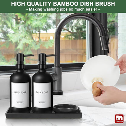 GMISUN Kitchen Soap Dispenser Set, 16 Oz Hand and Dish Soap Dispenser with Ceramic Tray & Bamboo Dish Brush, 2 Pack White Glass Liquid Pump Bottle, Modern Farmhouse Refillable Dish Soap Bottle