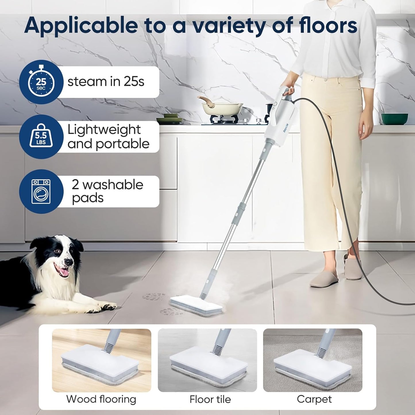 Seyola Steam Mop for Floor Cleaning, Steam Cleaner for Home with Handheld 6-in-1 Multi-function Attachments for Hardwood Floors, Clothes, Windows, Tiles Grout, Furniture Cleaning (White-Gray)