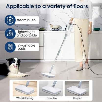 Seyola Steam Mop for Floor Cleaning, Steam Cleaner for Home with Handheld 6-in-1 Multi-function Attachments for Hardwood Floors, Clothes, Windows, Tiles Grout, Furniture Cleaning (White-Gray)