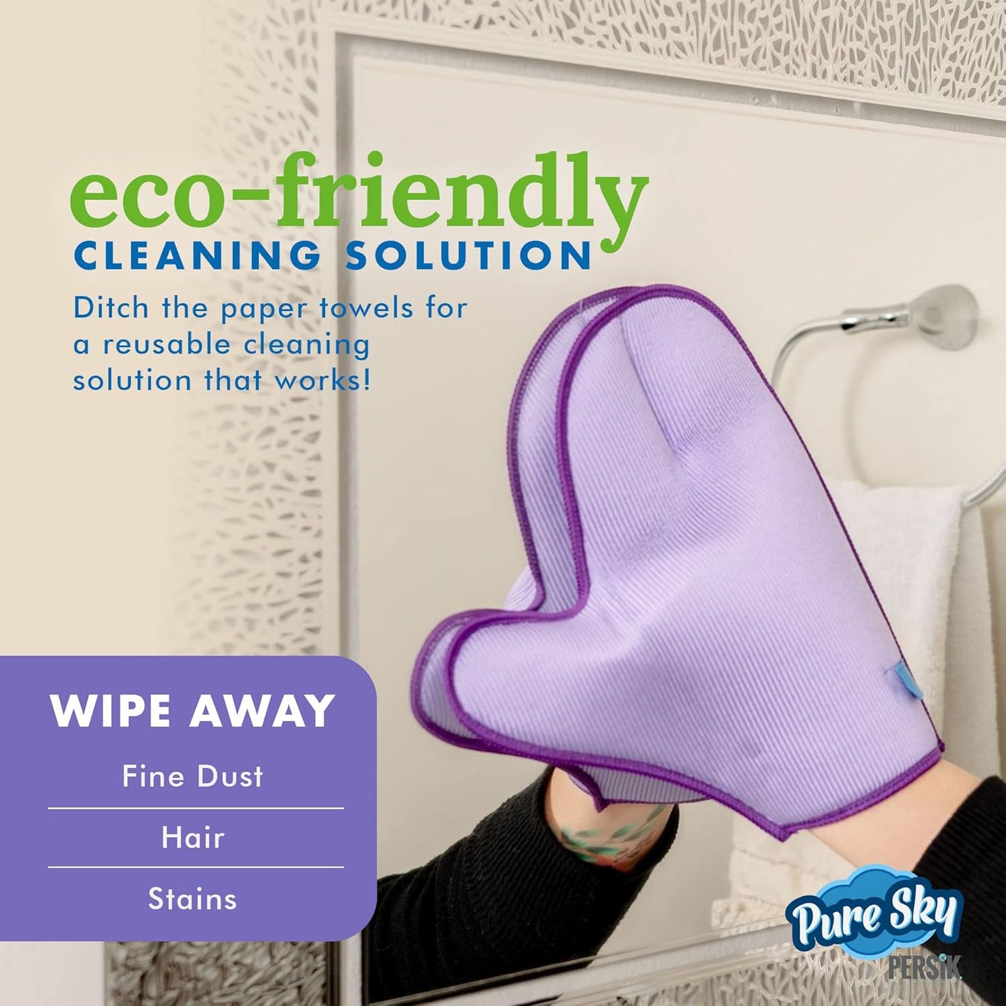 persik Pure-Sky Microfiber Glove Dusting Mitt - Ultra Microfiber Cleaning Cloth Glove - JUST ADD Water No Detergents Needed - Use for Cleaning Furniture, Home