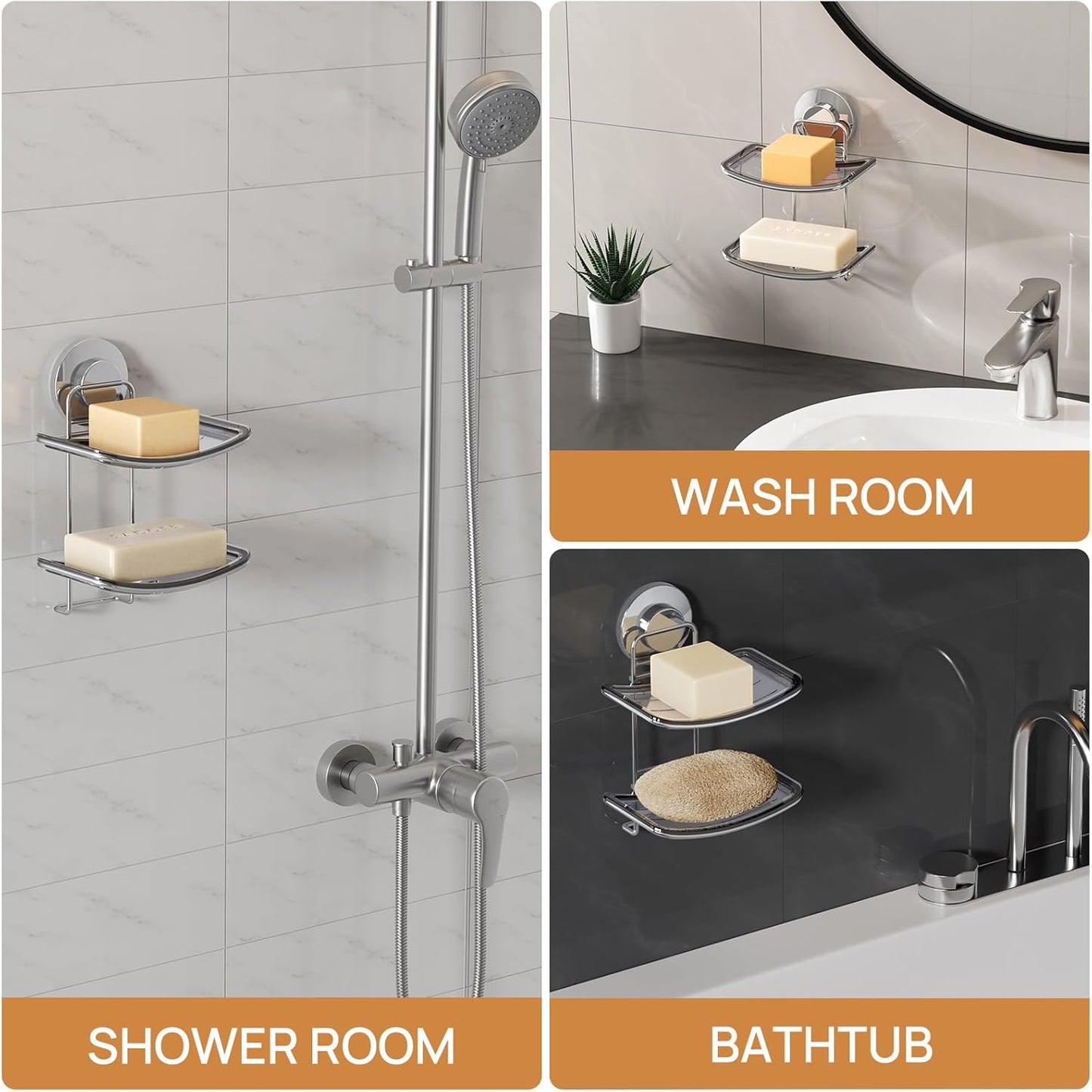 LEVERLOC Soap Holder Shower with Hooks, Bar Suction Cup Soap Dish Tray for Wall, Rust-Proof Stainless Steel Sponge Caddy for Bathroom Accessories Organizer Bathtub Kitchen Sink, Black