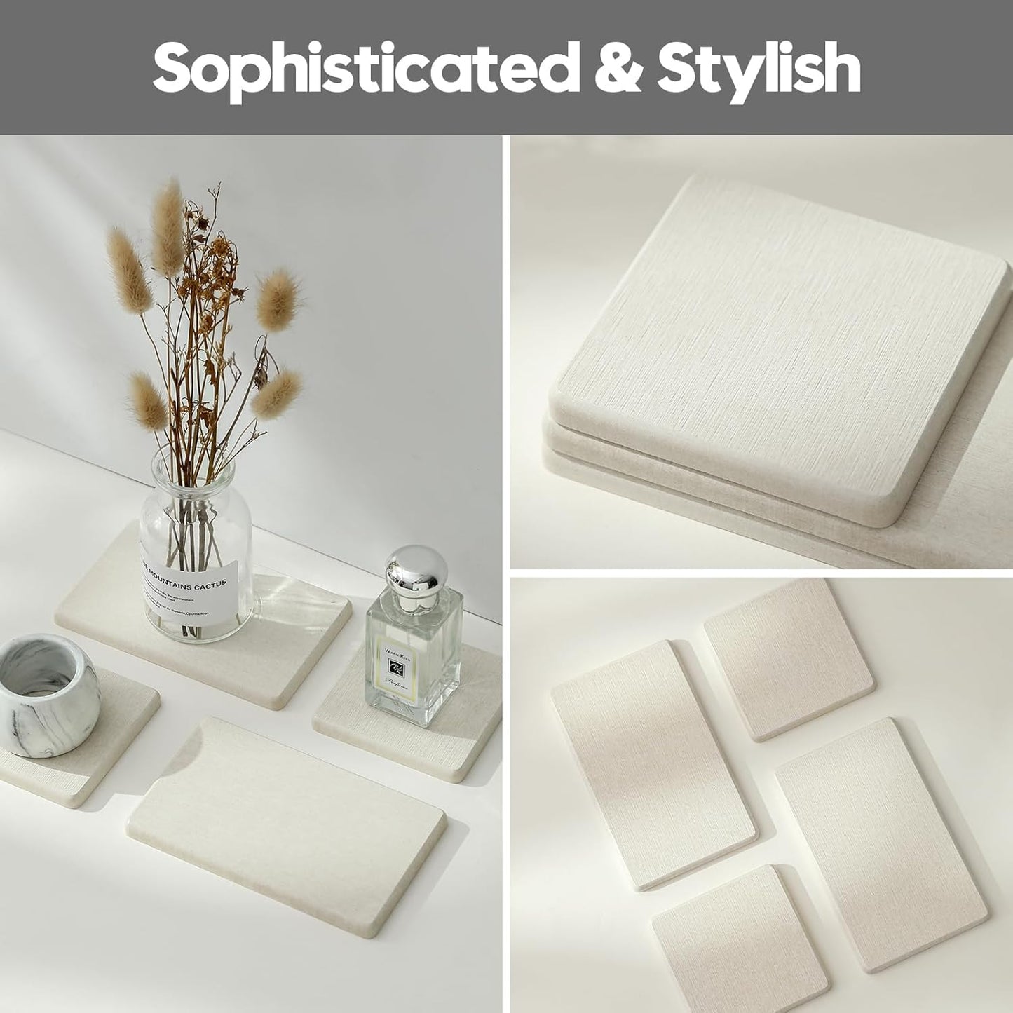 2PCS Water Absorbing Stone Drying Tray for Kitchen Counter & Bathroom Sink, Diatomite Faucet Splash Guard, Soap Dispenser Rack & Sponge Holder Caddy Organizer, Marble White (Printed Pattern), 9"x 3.5"