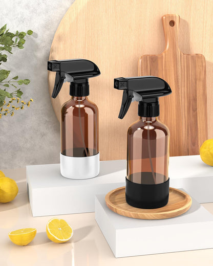 Bontip Glass Spray Bottle with Silicone Sleeve Protection, Amber Glass Spray Bottle Set for Window Cleaner Aromatherapy Facial Hydration Watering Flowers Hair Care 2 Pack/16 oz (Black & Brown)