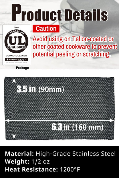 Ultralight 1/2oz Scrubber 316L Stainless Steel Cloth Heat Resistant 1200℉ Ultra-Durability Quick-Drying & Sterilization Backpacking Camp Hiking Trekking