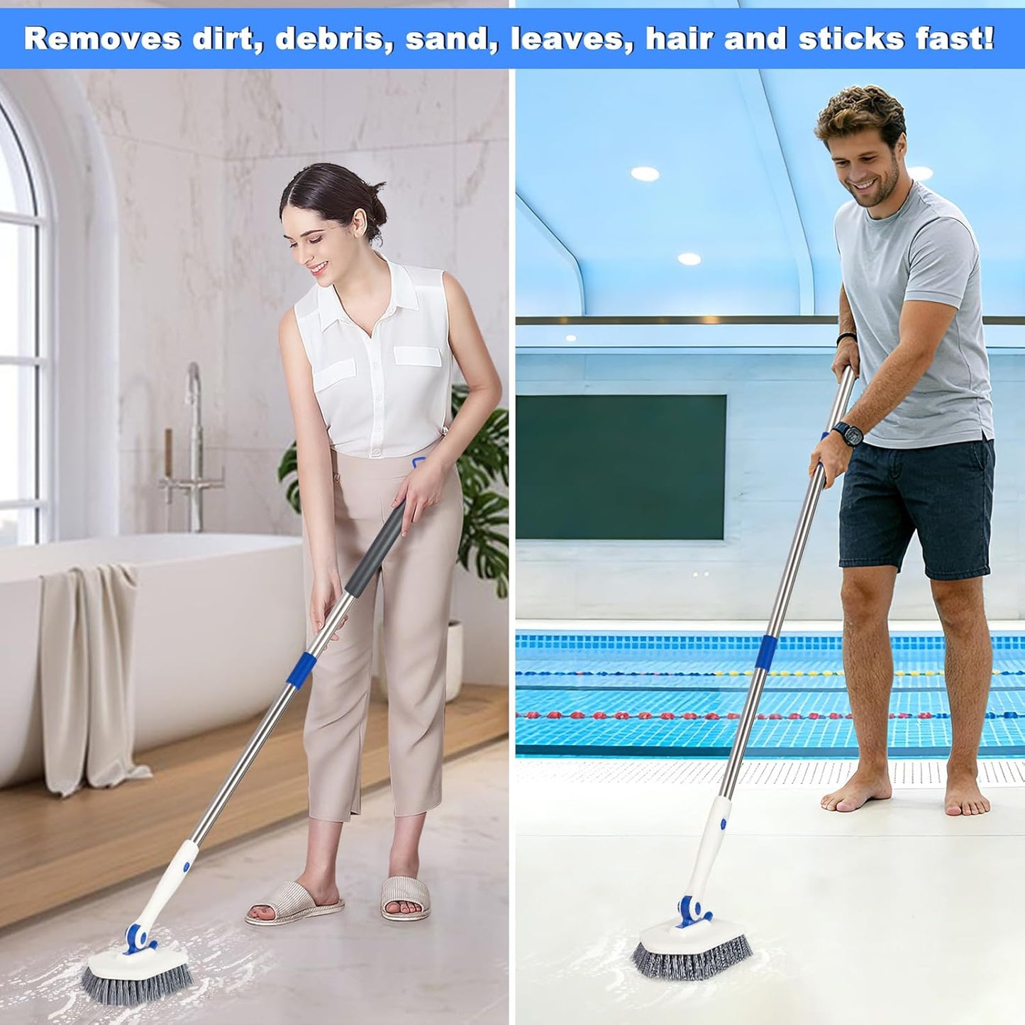 Pool Brush Floor Scrub Brush with 52" Adjustable Long Handle,Shower Swimming Pool Brush for Glass Doors,Bathroom,Kitchen,Tile,Car Glass,Marble Floors