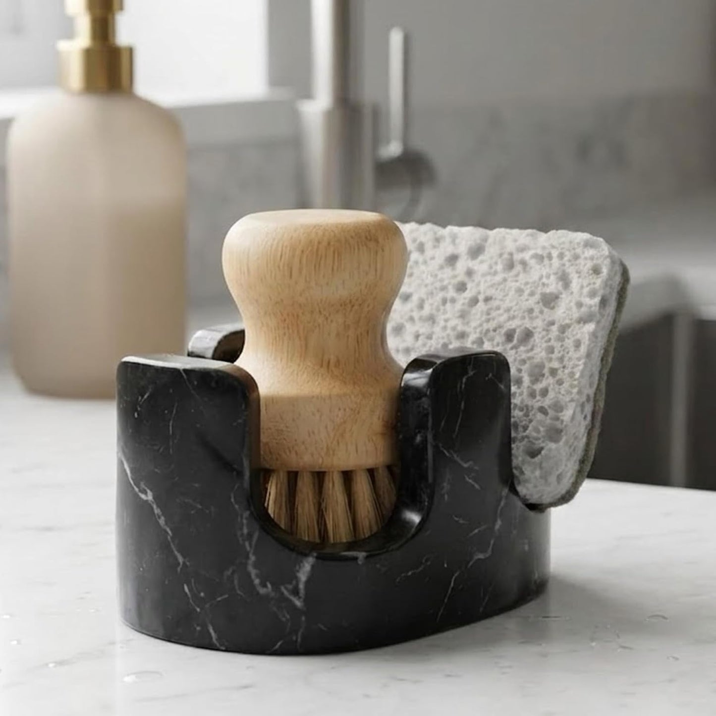 White Marble Sponge Holder for Kitchen Sink, 2-in-1 Sponge & Brush Holder with Raised Edge, 2 Slot Natural Stone Sink Caddy for Countertop, Keeps Countertops Dry, Non-Slip Base, Modern Kitchen Decor