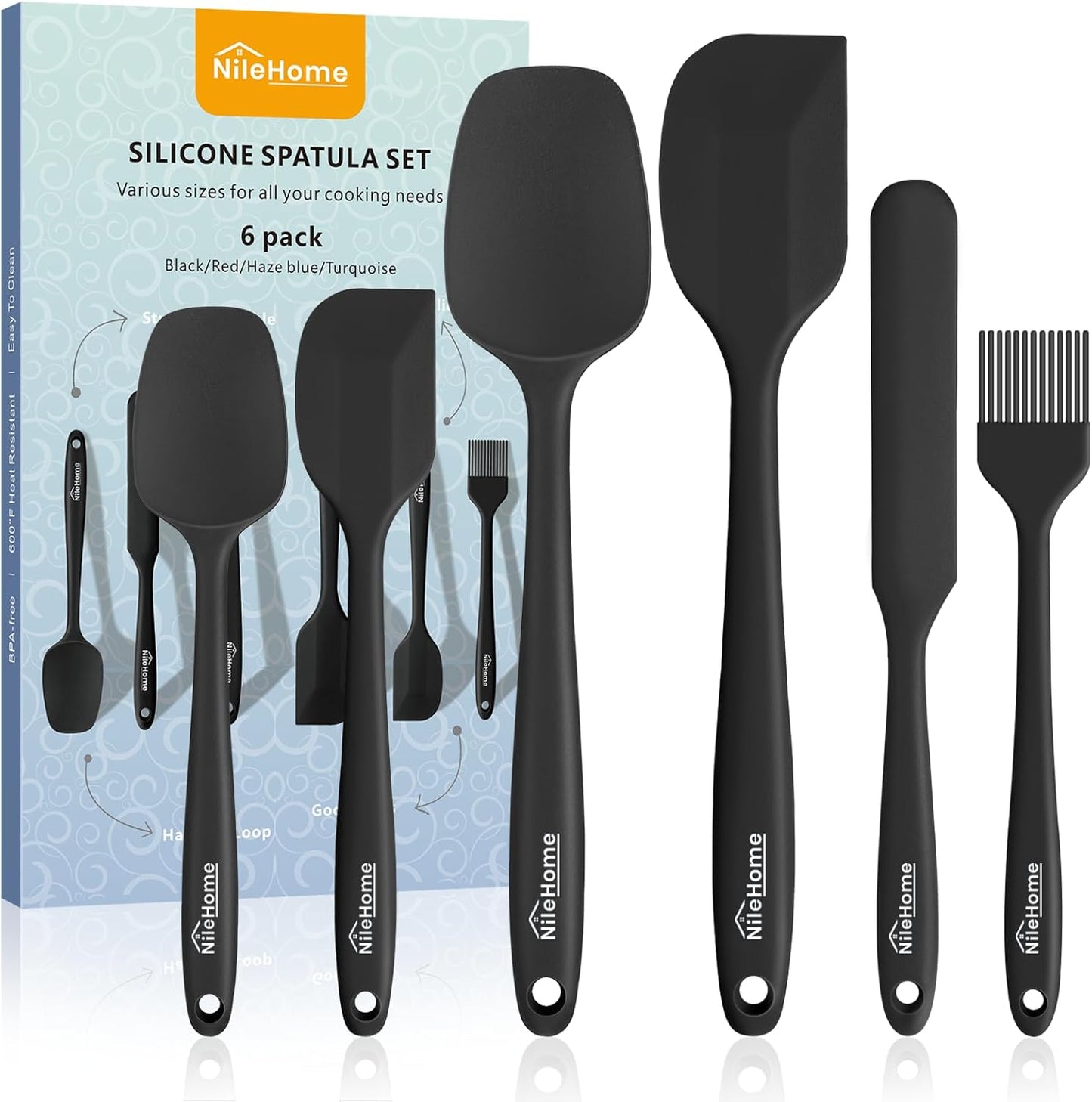 NileHome Silicone Spatula Set, 6 Pieces Food Grade Kitchen Utensils with Silicone Brush Heat Resistant Dishwasher Safe BPA-Free Rubber Spatula for Scraping, Baking, Cooking, Mixing-Forest Style