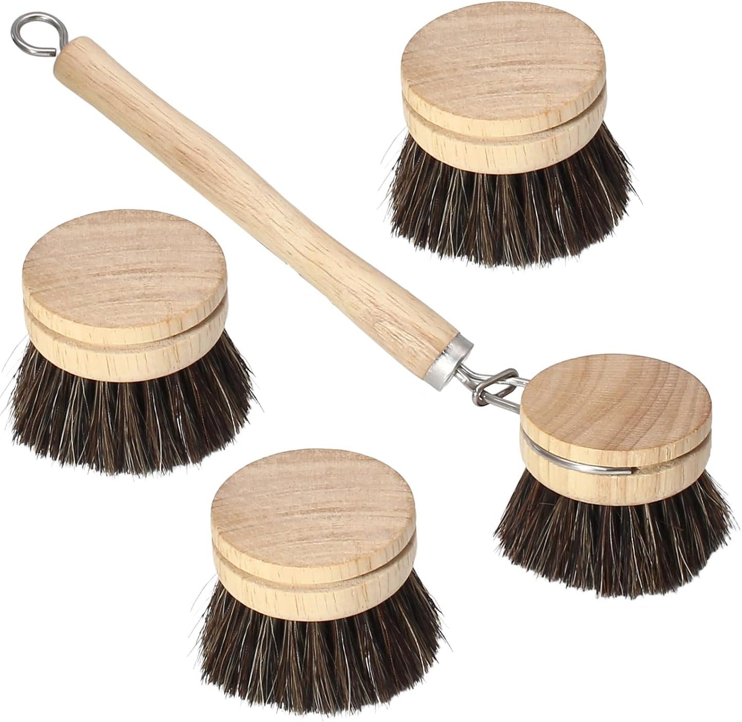 Wooden Dish Brush Set, 4 Natural Bristle Replacement Heads with 1 Sturdy Wooden Handle, Sisal Kitchen Scrub Brush for Pots, Pans, Vegetables and Cookware